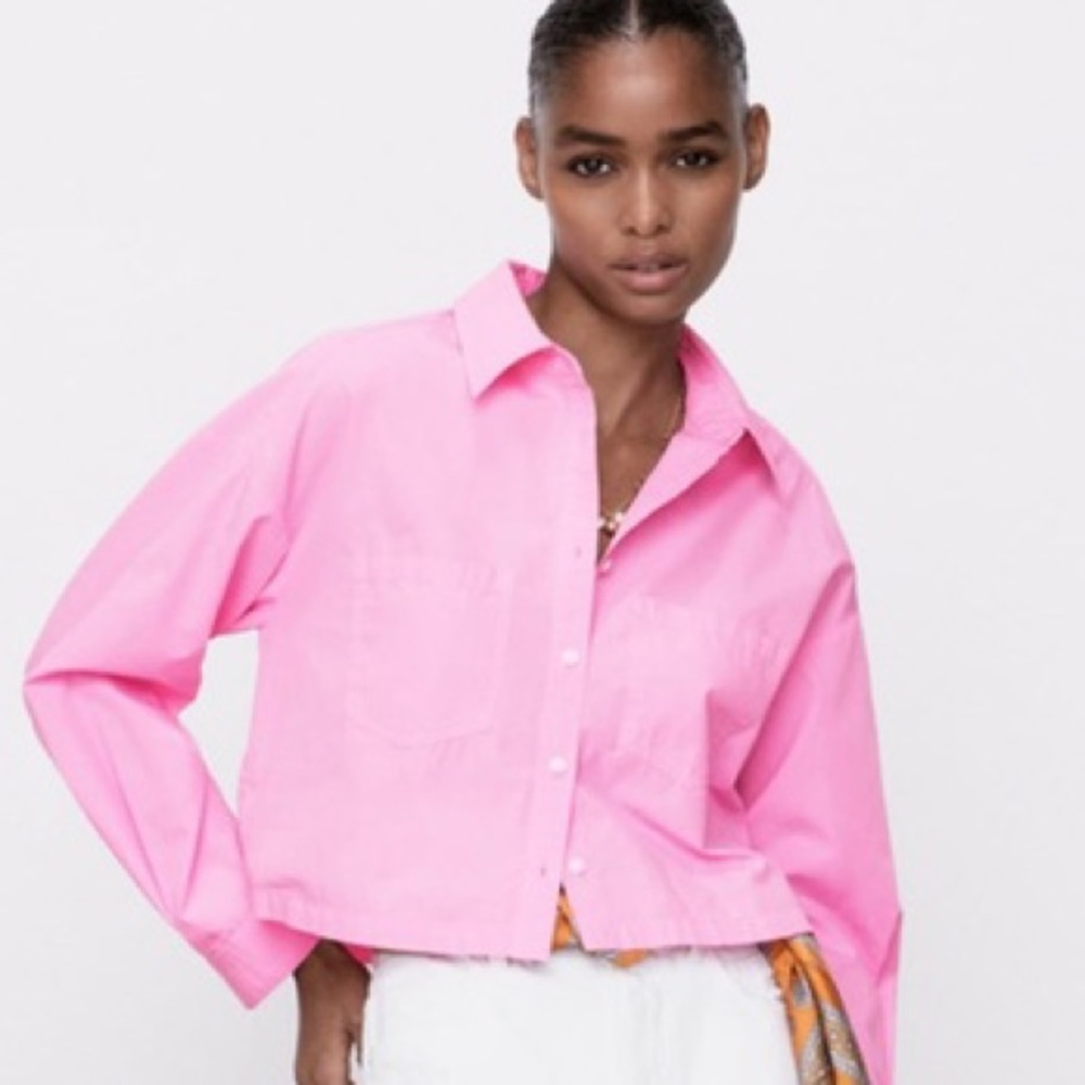 ZARA Cropped Pink Button Down Lightweight